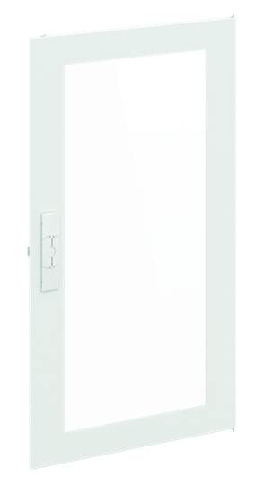 Eine weiße Glastür in einem rechteckigen Rahmen, leicht geöffnet nach links, mit einem Griff auf der linken Seite.