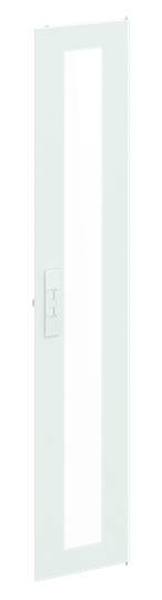 Weiße Tür in einem modernen Design mit schmalem, vertikalem Fensterstreifen und einem silbernen Griff. Geeignet für zeitgemäße Innenräume.