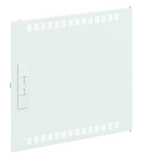 Weiße Tür mit Lüftungsschlitzen und Griff in der Mitte, geeignet für Elektroverteilerkästen oder Schaltschränke.