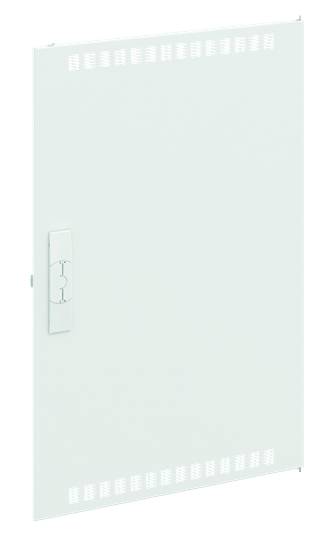 Weiße Tür mit rechteckigem Griff, schmalen Lüftungsschlitzen oben und unten. Glatte Oberfläche, geeignet für Schaltschrankmontagen.