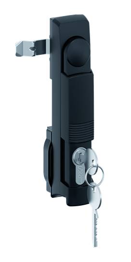 Ein modernes Türschloss mit drei Schlüsseln eingesteckt. Das Design ist schlank und metallisch, ideal für Sicherheitstüren.