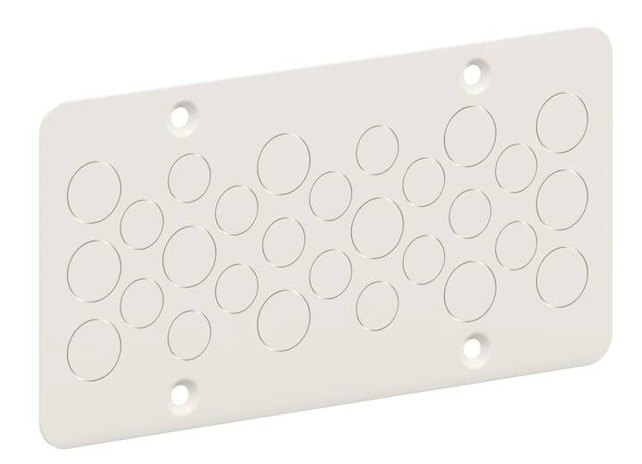 Weiße rechteckige Platte mit mehreren runden Löchern in gleichmäßigem Muster. Vier Befestigungslöcher in den Ecken.