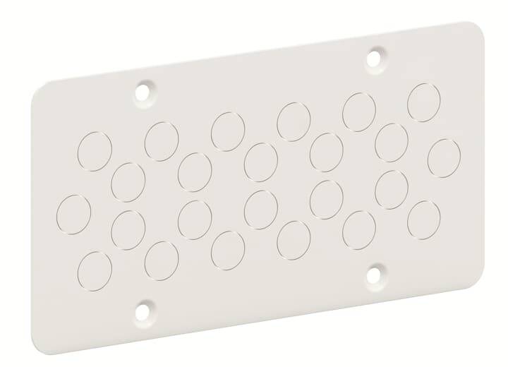 Weiße Abdeckplatte mit perforierten Löchern, geeignet zur Wandmontage.
