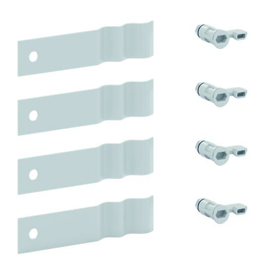 Illustration von vier Metallstreifen mit jeweils einem Loch und vier sechseckigen Schrauben.