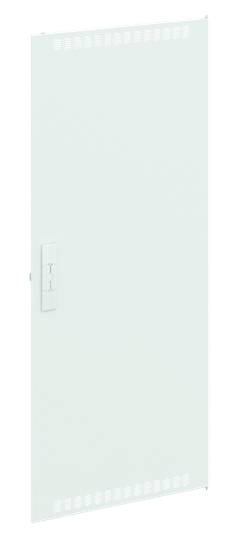 Ein weißes, rechteckiges Metallpanel mit Lüftungsschlitzen oben und unten und einem Griff links.