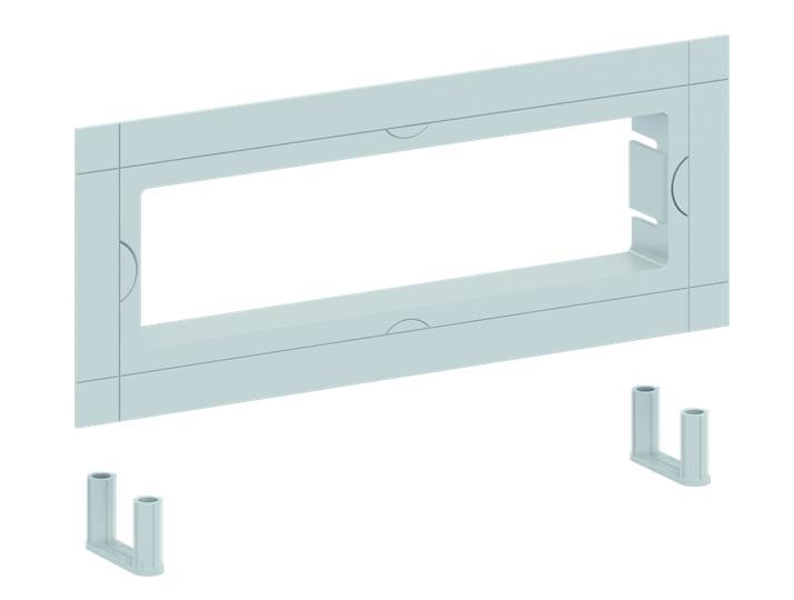 Ein rechteckiger, türkisfarbener Rahmen mit abgerundeten Ecken, begleitet von zwei kleinen, ähnlichen Halterungen darunter.