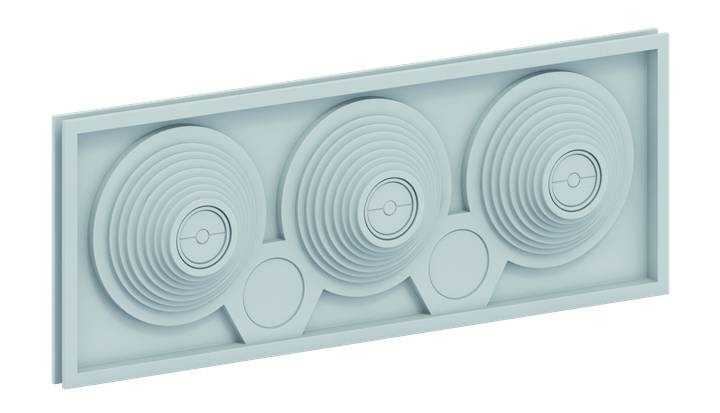 Dreidimensionales, rechteckiges Objekt mit drei großen, konzentrischen Kreisen. Pastellblau, abstraktes Design, reliefartige Struktur.