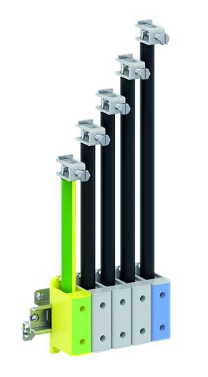 Ein modulares System zeigt fünf nebeneinander angeordnete Kabelhalter in verschiedenen Farben: grün, gelb, grau, blau.