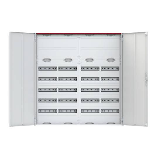 Ein offener Verteilerkasten mit mehreren Reihen von Schaltern und Sicherungen, die symmetrisch angeordnet sind.