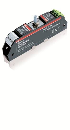 Überspannungsschutzgerät in schwarzem Gehäuse, mit Anschlüssen oben und unten, zur Verhinderung von Spannungsspitzen in elektrischen Systemen.