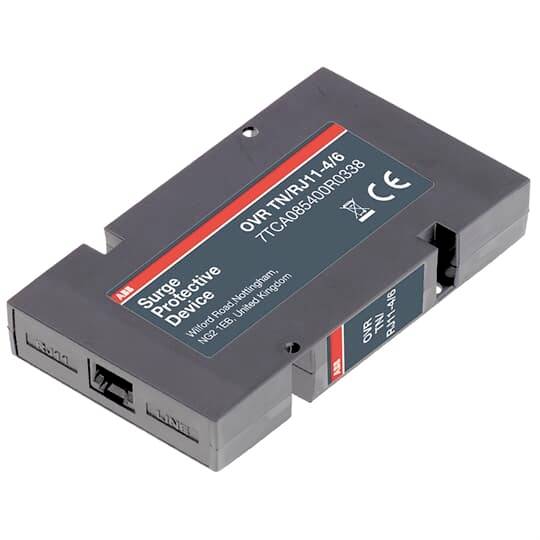 Kompaktes Überspannungsschutzgerät mit Modellnummer und LED-Anzeige. Schützt elektrische Systeme vor Spannungsspitzen.