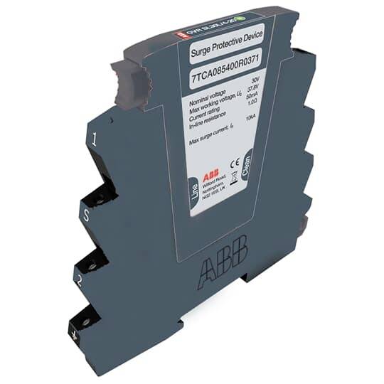 Überspannungsschutzgerät von ABB, Modell 7TCA085400R0371, mit Anschluss- und Spannungsspezifikationen vorne sichtbar.