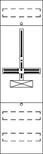 Schema eines mechanischen Systems mit vertikaler Achse, horizontalem Hebel und Gewicht unten. Verbindungen sind gestrichelt dargestellt.