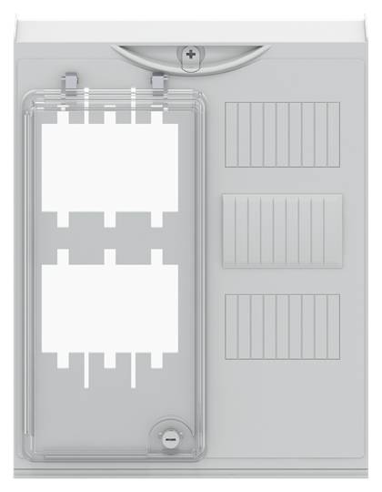 Elektrischer Sicherungskasten mit transparentem Deckel zeigt Steckplätze für Sicherungen und Beschriftungsfelder auf der rechten Seite.