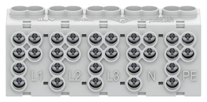 Ein sechspoliger Steckverbinder für elektrische Leitungen, beschriftet mit 'L1', 'L2', 'L3', 'N', und 'PE'.