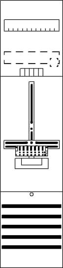 Diagramm eines elektrischen Schaltfelds mit verschiedenen Symbolen für Schalter und Leitungen, zentraler Trennbalken und ligneare Anzeigen unten.