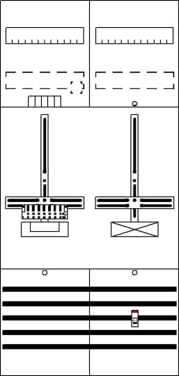 Diagramm einer Brückenhebemechanik mit verschiedenen Perspektiven und Details. Oben Grundriss, unten Frontansicht und Querschnitt.