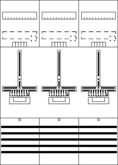 Technische Zeichnung dreier mechanischer Schalter, Darstellung der internen Struktur mit Hebeln, Anschlüssen und Beschriftungen.