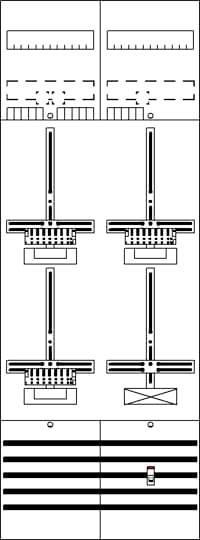 Logisches Schaltbild mit Linien und markierten Abschnitten; vier vertikale Linien, Symbole und ein rotes Quadrat unten erkennbar.