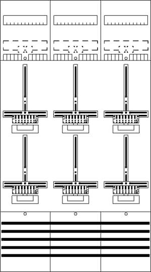 Diagramm einer Nähmaschine, zeigt Fadenweg und Stichbild mit Einstellungen für verschiedene Nähprogramme. Oben: Spannungseinstellung, Mitte: Stichlängen und -typen, Unten: Fadenführung.