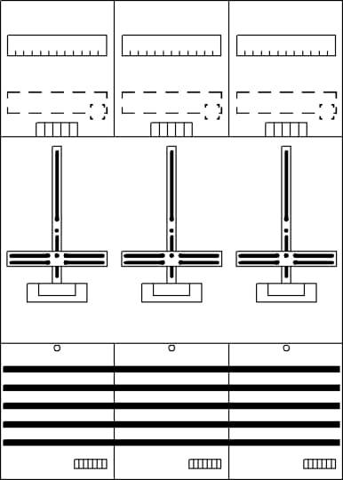 Strukturdiagramm mit drei vertikalen Achsen, nummeriert von 1 bis 3. Oben rechteckige Felder, unten Linienmuster.