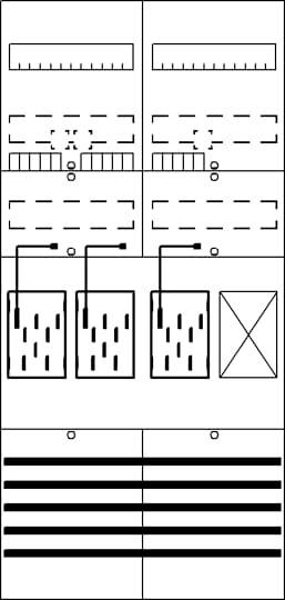 Schaltskizze mit zwei parallelen Stromkreisen, zeigt Schalter, Leitungen, Sicherungen, Widerstände und eine Verbindung zu einem Gerät.