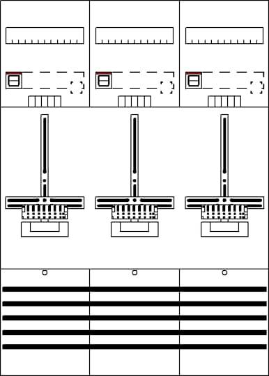 Drei identische elektrische Schalter mit detaillierter Beschriftung. Jeder Schalter zeigt Schaltstellungen und Anschlüsse.