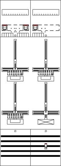 Grundriss eines Gebäudes mit mehreren Stockwerken und Fahrstühlen, die verschiedene Etagen verbinden. Oben sind zwei Grundrisse unterschiedlicher Räume.