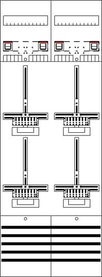 Technisches Diagramm eines elektrischen Systems mit Schaltern, Leitungen und Anschlüssen in zwei Reihen. Elemente sind symmetrisch angeordnet.