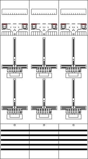 Technische Darstellung eines elektrischen Schaltschrankaufbaus mit Schaltern und Sicherungen. Zeigt die Anordnung und Verbindung der Komponenten.