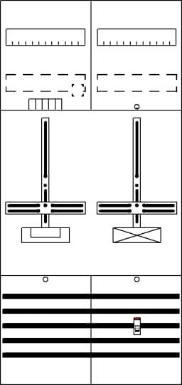 Technische Zeichnung eines Schaltplans mit verschiedenen Symbolen, Linien und Rechtecken, die elektrische Verbindungen und Komponenten darstellen.