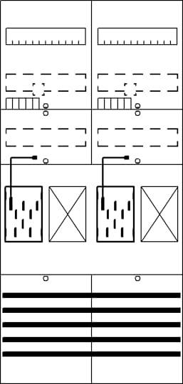 Diagramm von elektrischen Schaltungen mit zwei parallelen Leitungen und zwei zusätzlichen Schaltern sowie Verbindungspunkten.