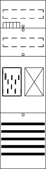 Diagramm mit fünf Abschnitten; von oben nach unten: Textzeile mit Boxen, Linien mit Kreis, zwei Rechtecke, Kreis mit Linie, dicke horizontale Linien.