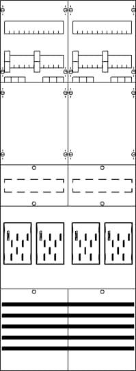 Technische Zeichnung eines Schaltkastenlayouts mit mehreren Anordnungen von Schaltern, Tasten und Verbindungen.