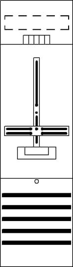 Schaltplan eines Stromkreises mit verschiedenen Komponenten: oben ein Rechteck mit Strichlinien, in der Mitte Kreuzstruktur, unten parallele Linien.