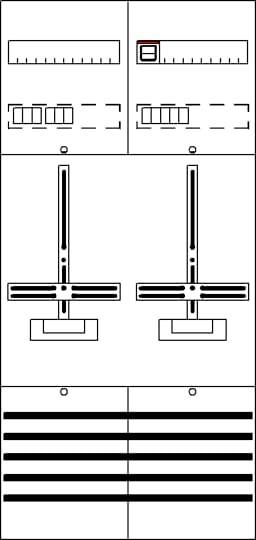 Diagramm eines Schließsystems mit symmetrischen, parallel gesetzten Stangenmechanismen und verzahnten Markierungen im oberen Bereich.