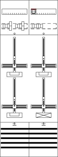 Technische Zeichnung mit mechanischen Bauteilen: Zahnrädern, Achsen, und mehreren horizontalen Balken.
