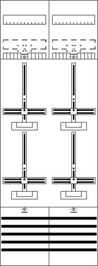 Ein komplexes Diagramm zeigt vertikale und horizontale Elemente in einer symmetrischen Anordnung. Hauptlinien kreuzen sich in der Mitte, ergänzt durch Details oben und unten.