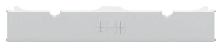 Ein weißer Kunststoff-DIN-Schienenträger mit dem eingravierten Logo 'ABB', rechteckig, einfaches Design, vermutlich zur Befestigung in Schalttafeln geeignet.