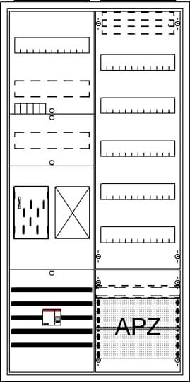 Leerer Schaltschrank mit markierten Bereichen für Stromkreise und elektronischen Bauteilen. Unten rechts mit 'APZ' gekennzeichnet.