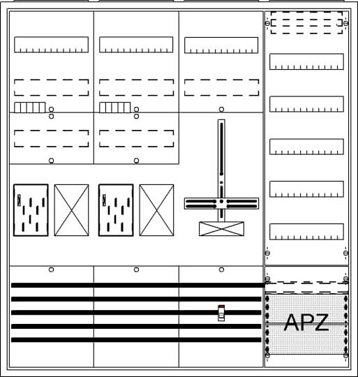Ein technischer Grundriss einer Halle zeigt verschiedene Bereiche: Parkplätze, Wege und einen markierten Bereich mit der Aufschrift 'APZ'.