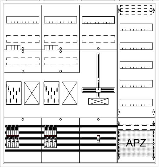 Schema eines Schaltplans mit mehreren Komponenten und Beschriftung 'APZ' unten rechts.