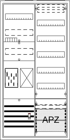 Stromverteilerkasten-Schema mit verschiedenen Schaltern, Sicherungen und einem markierten Bereich mit der Aufschrift APZ.