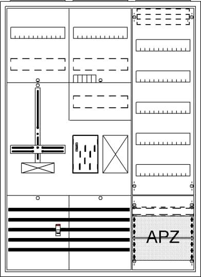 Übersicht eines technischen Schaltschrankaufbaus mit symbolisierten Komponenten und Beschriftung 'APZ' in der unteren rechten Ecke.