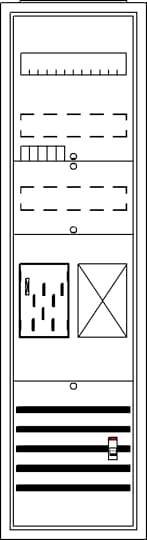 Schaltschrankschaltplan mit mehreren Sektionen: oben Lineale, darunter gestrichelte Kästen, in der Mitte Zahlen, unten Schalter.
