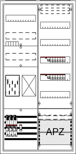 Anordnung von elektrischen Schaltkreisen in einem Verteilerkasten. Einige Schaltflächen sind rot markiert, rechts unten steht 'APZ'.