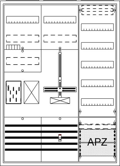 Schaltschrank-Layout mit verschiedenen elektrischen Komponenten, Drahtführungen und einem mit 'APZ' beschrifteten Bereich unten rechts.