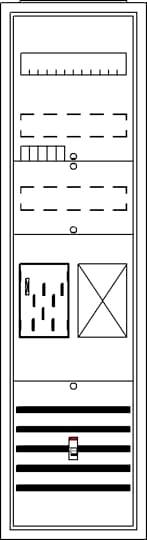 Diagramm eines Schaltschranklayouts: Enthält verschiedene Module, Sicherungselemente und Leitungsführungen. Darunter Schalter markiert.