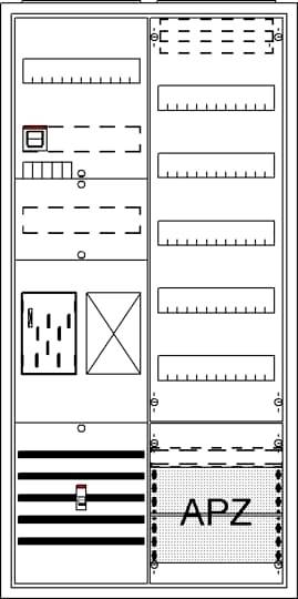 Elektrischer Schaltschrank mit mehreren Schaltern, Sicherungen und einem Bereich mit der Aufschrift 'APZ'. Gezielte Verbindungen sichtbar.
