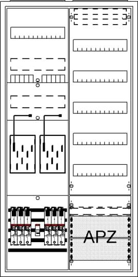 Ein Schaltplan zeigt einen Schaltschrank mit der Aufschrift 'APZ'. Verbindungen und Bauteile sind schematisch dargestellt.